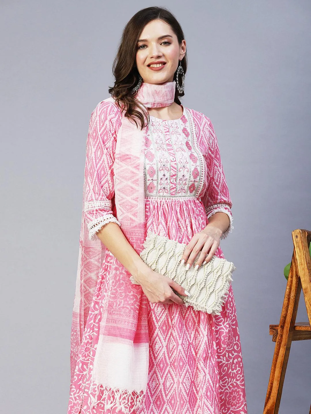 Ethnic Printed & Embroidered A-Line Kurta with Pant & Dupatta - Pink