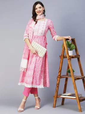 Ethnic Printed & Embroidered A-Line Kurta with Pant & Dupatta - Pink