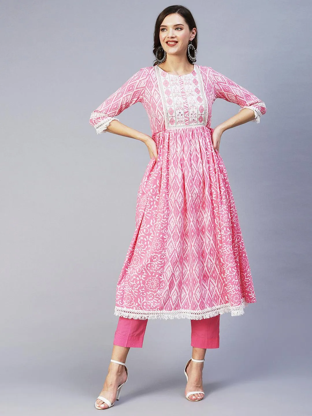Ethnic Printed & Embroidered A-Line Kurta with Pant & Dupatta - Pink