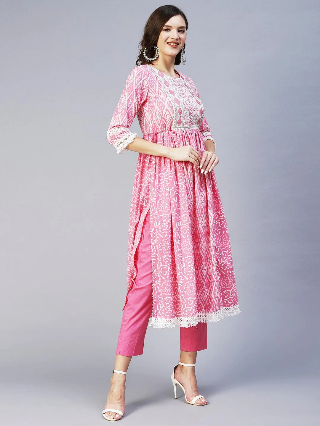 Ethnic Printed & Embroidered A-Line Kurta with Pant & Dupatta - Pink