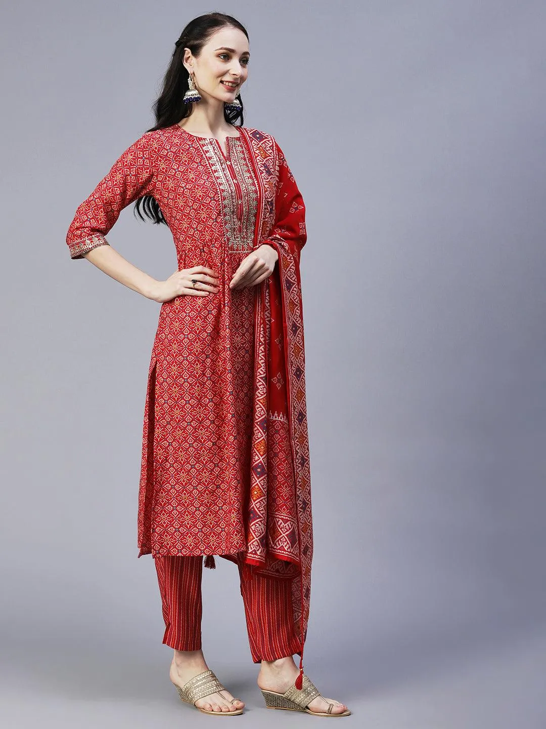 Ethnic Printed & Embroidered A-Line Kurta with Pant & Dupatta - Red