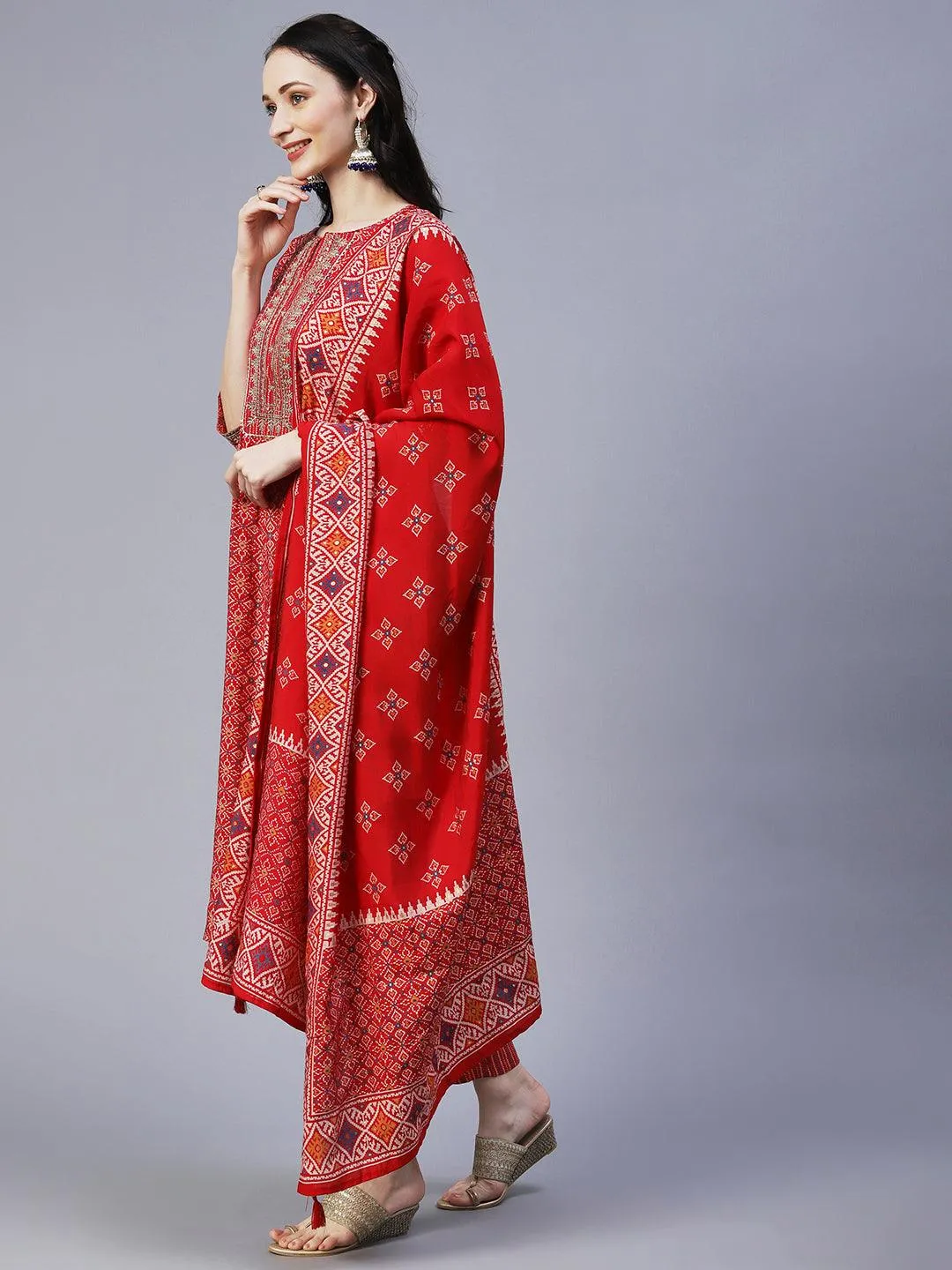 Ethnic Printed & Embroidered A-Line Kurta with Pant & Dupatta - Red