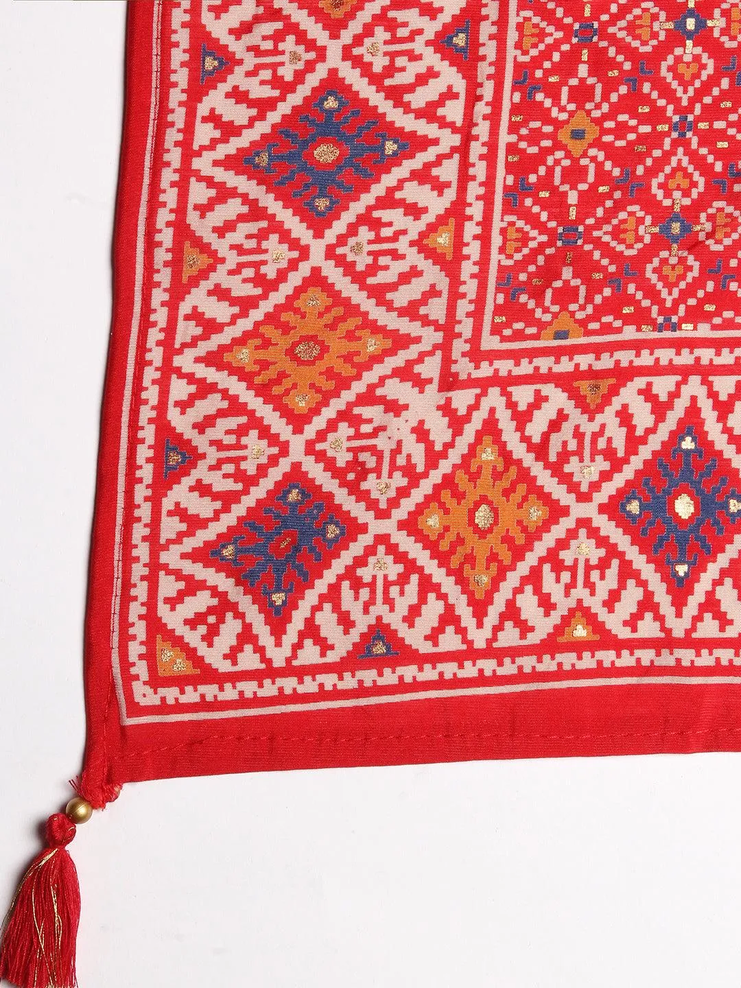 Ethnic Printed & Embroidered A-Line Kurta with Pant & Dupatta - Red
