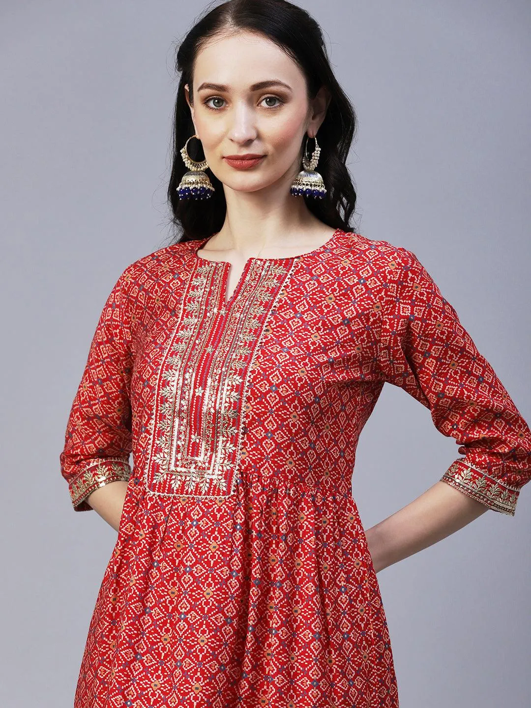 Ethnic Printed & Embroidered A-Line Kurta with Pant & Dupatta - Red