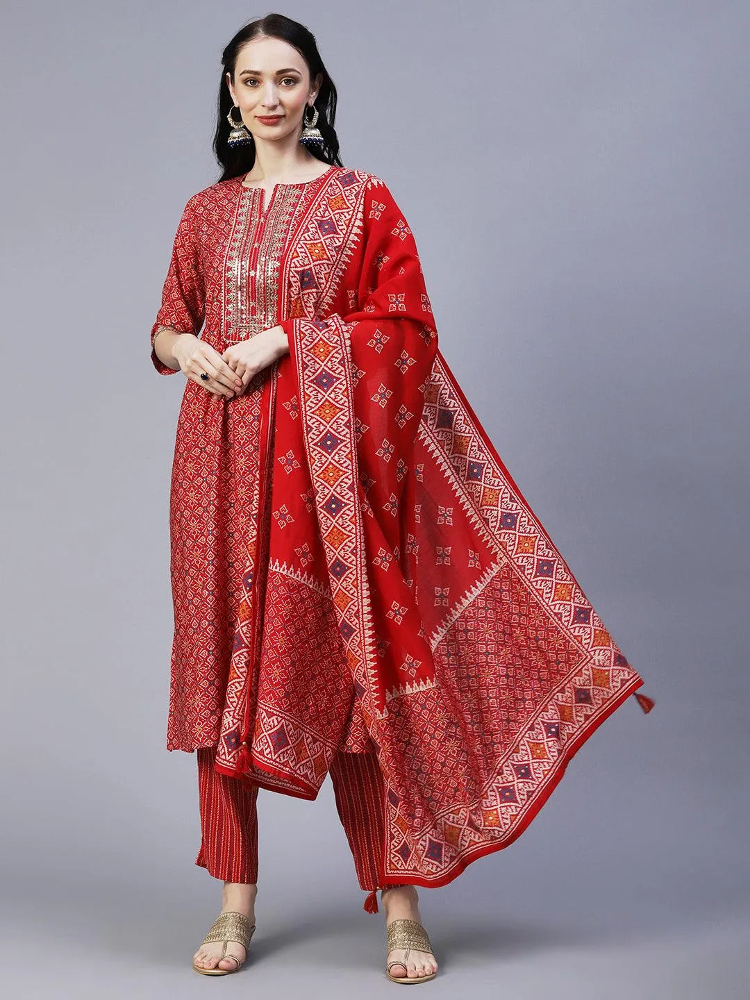 Ethnic Printed & Embroidered A-Line Kurta with Pant & Dupatta - Red
