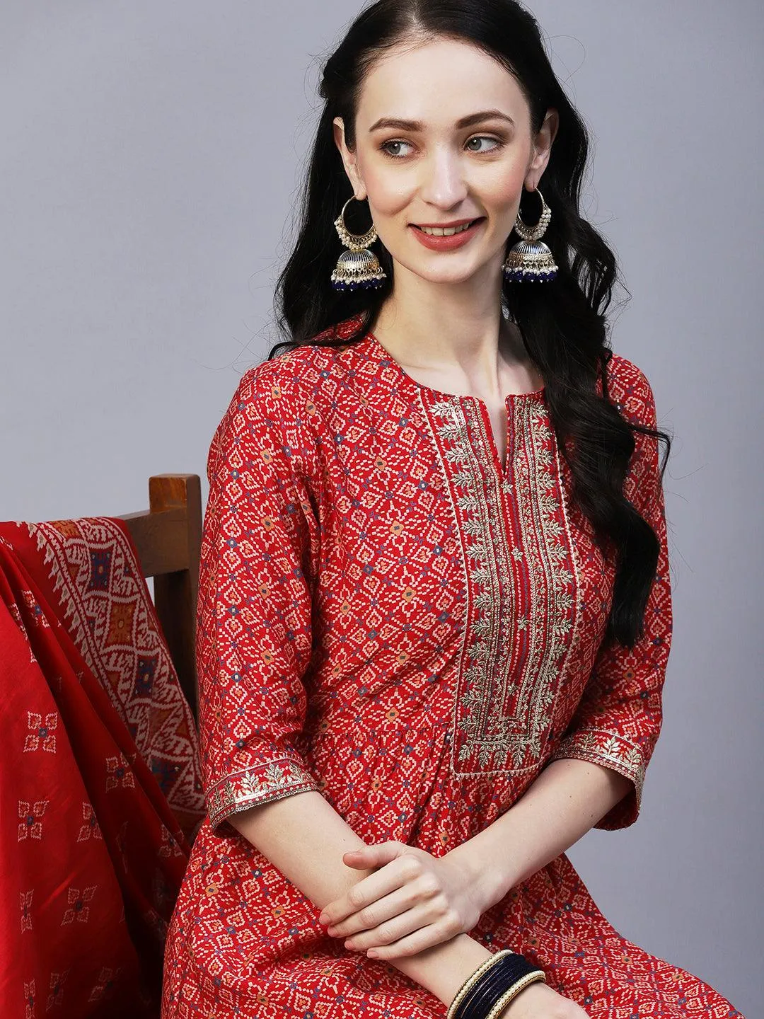 Ethnic Printed & Embroidered A-Line Kurta with Pant & Dupatta - Red