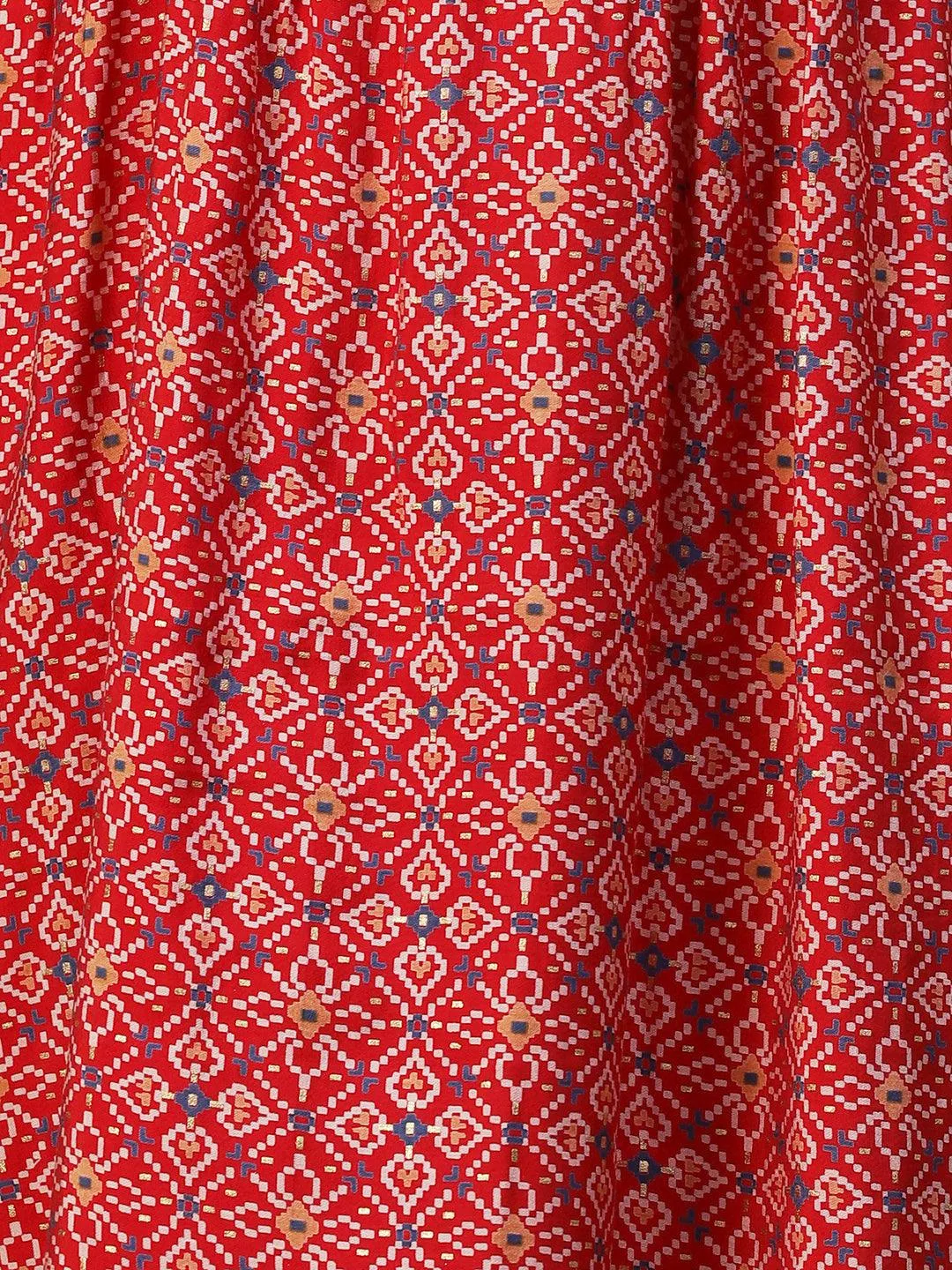 Ethnic Printed & Embroidered A-Line Kurta with Pant & Dupatta - Red