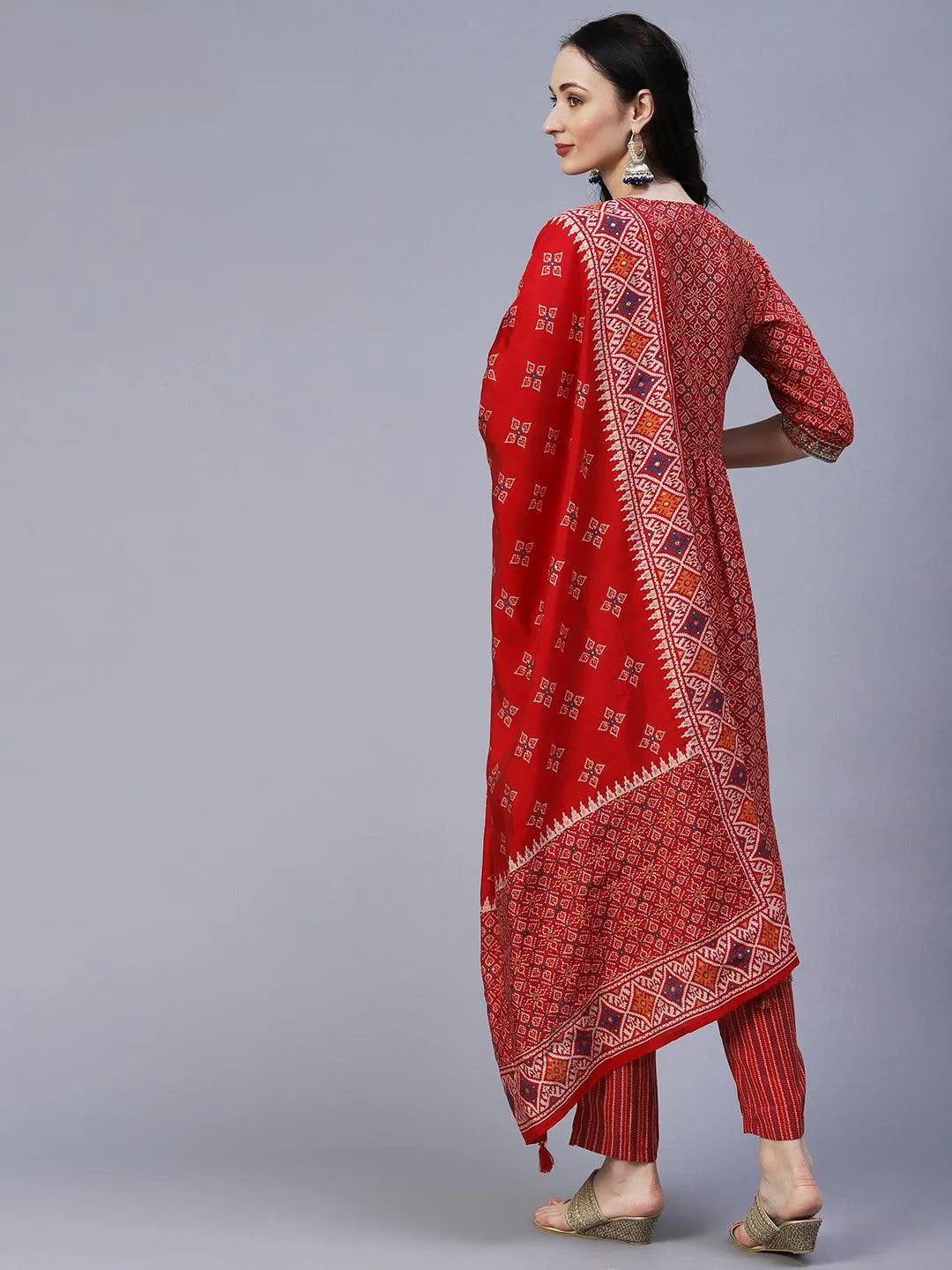 Ethnic Printed & Embroidered A-Line Kurta with Pant & Dupatta - Red