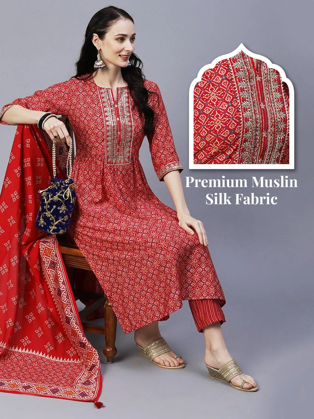 Ethnic Printed & Embroidered A-Line Kurta with Pant & Dupatta - Red