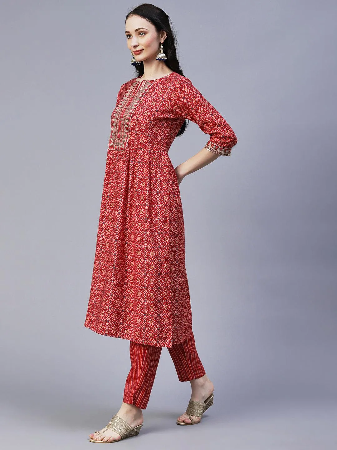 Ethnic Printed & Embroidered A-Line Kurta with Pant & Dupatta - Red