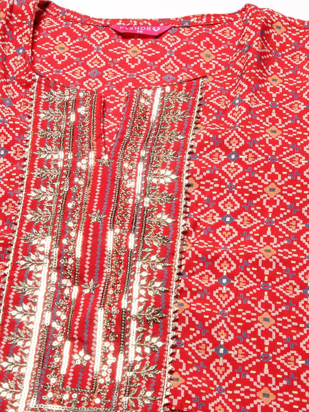 Ethnic Printed & Embroidered A-Line Kurta with Pant & Dupatta - Red