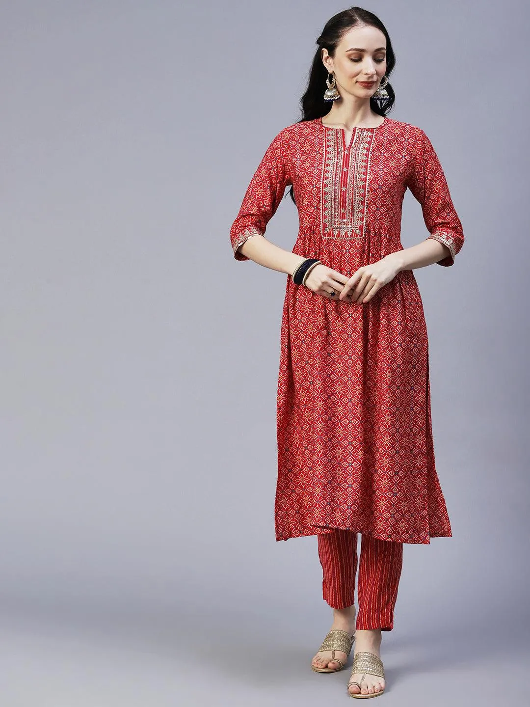 Ethnic Printed & Embroidered A-Line Kurta with Pant & Dupatta - Red