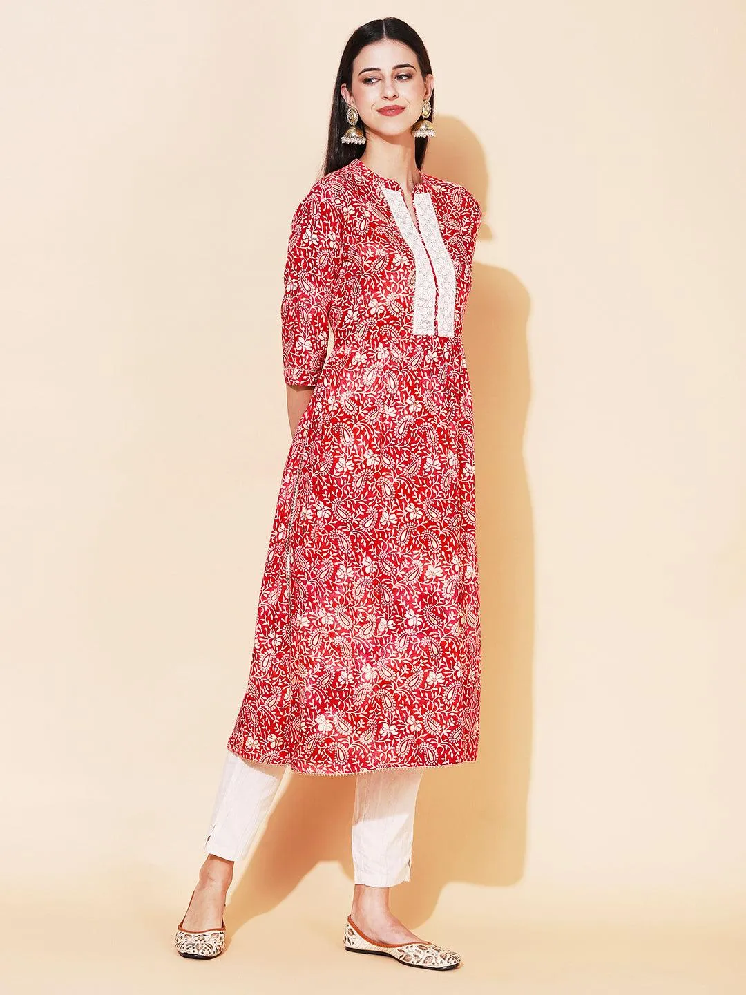 Ethnic Printed & Embroidered A-Line Kurta with Pant - Rani Pink