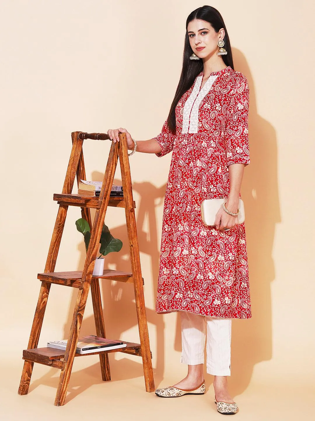 Ethnic Printed & Embroidered A-Line Kurta with Pant - Rani Pink