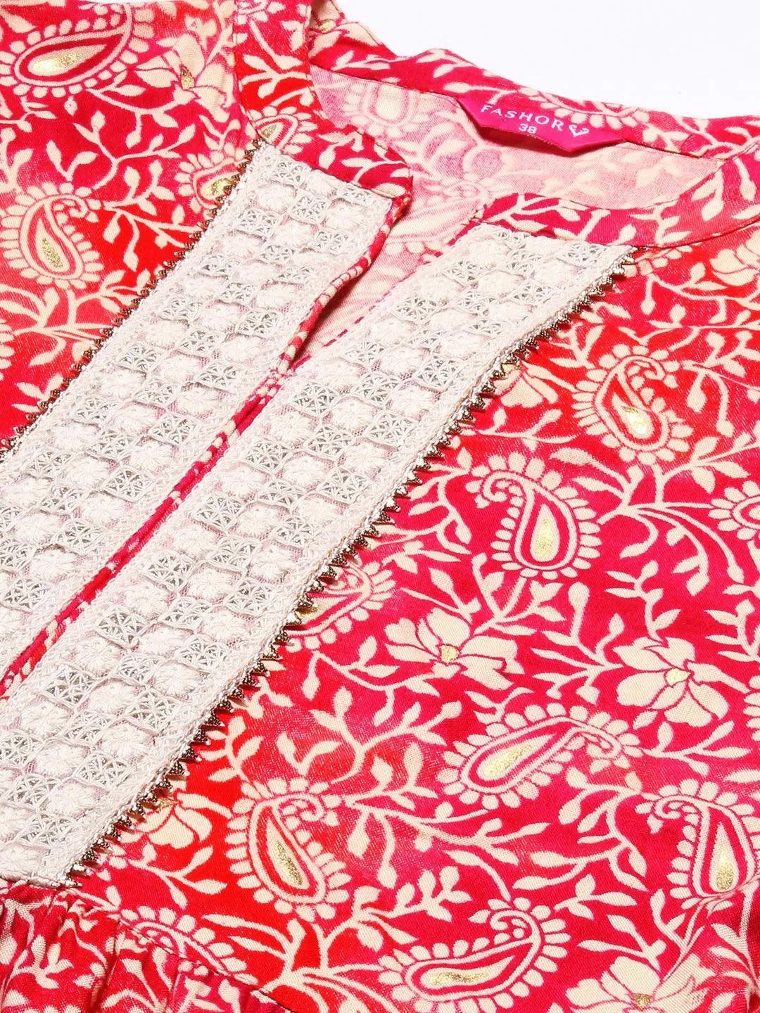 Ethnic Printed & Embroidered A-Line Kurta with Pant - Rani Pink