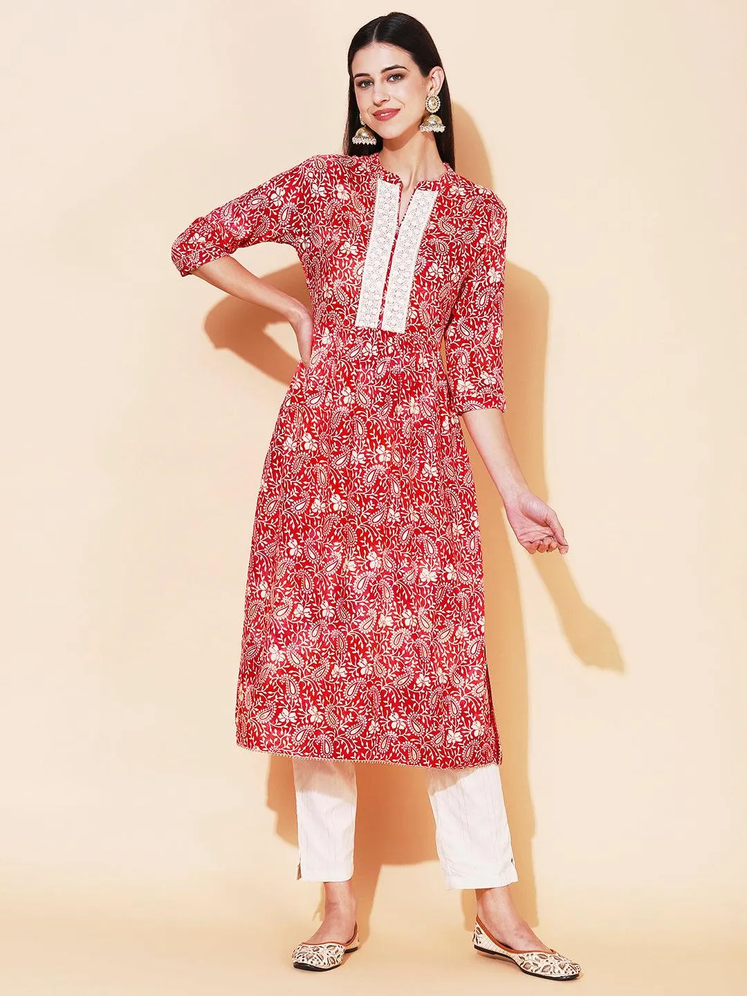 Ethnic Printed & Embroidered A-Line Kurta with Pant - Rani Pink