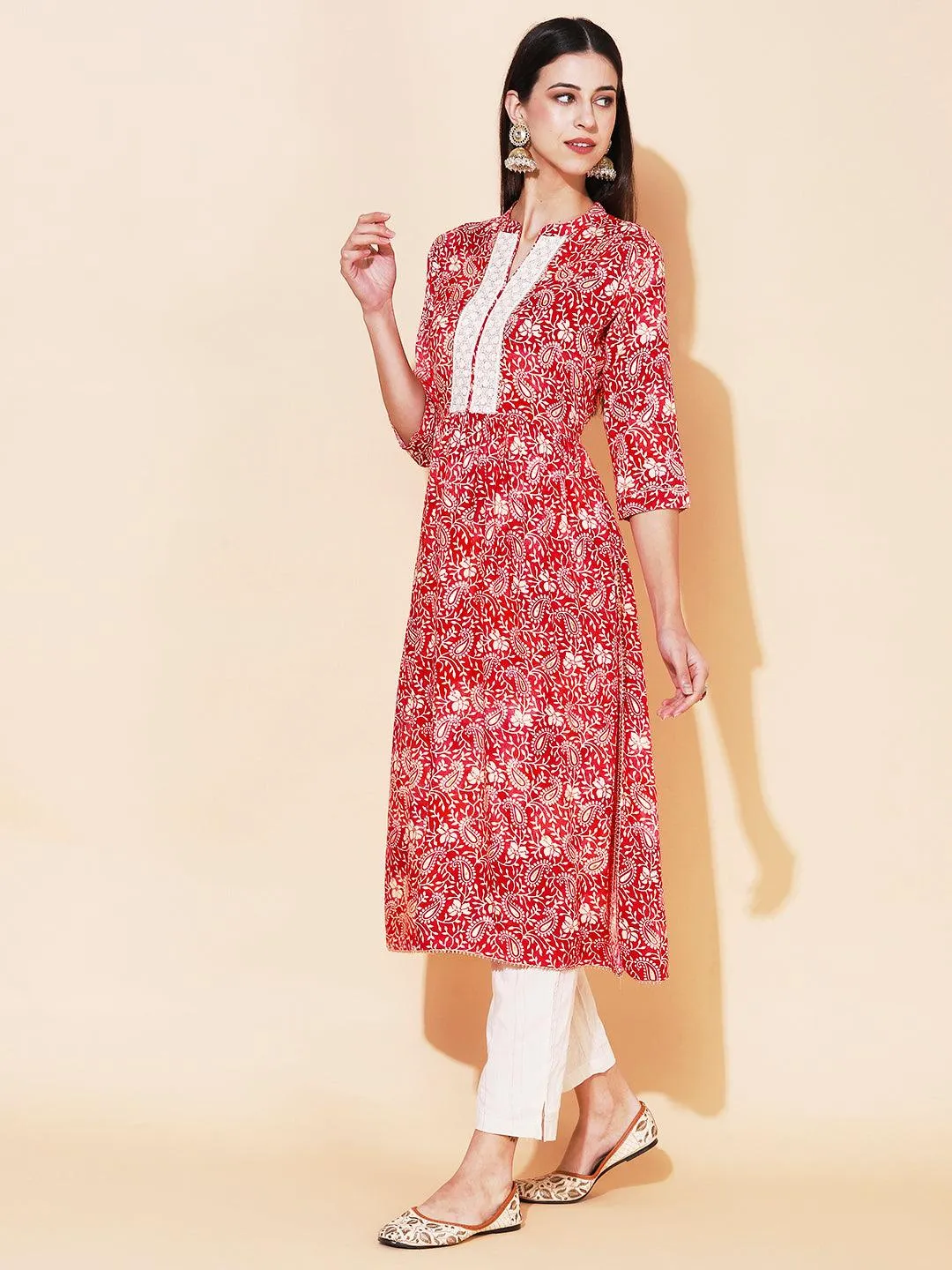 Ethnic Printed & Embroidered A-Line Kurta with Pant - Rani Pink