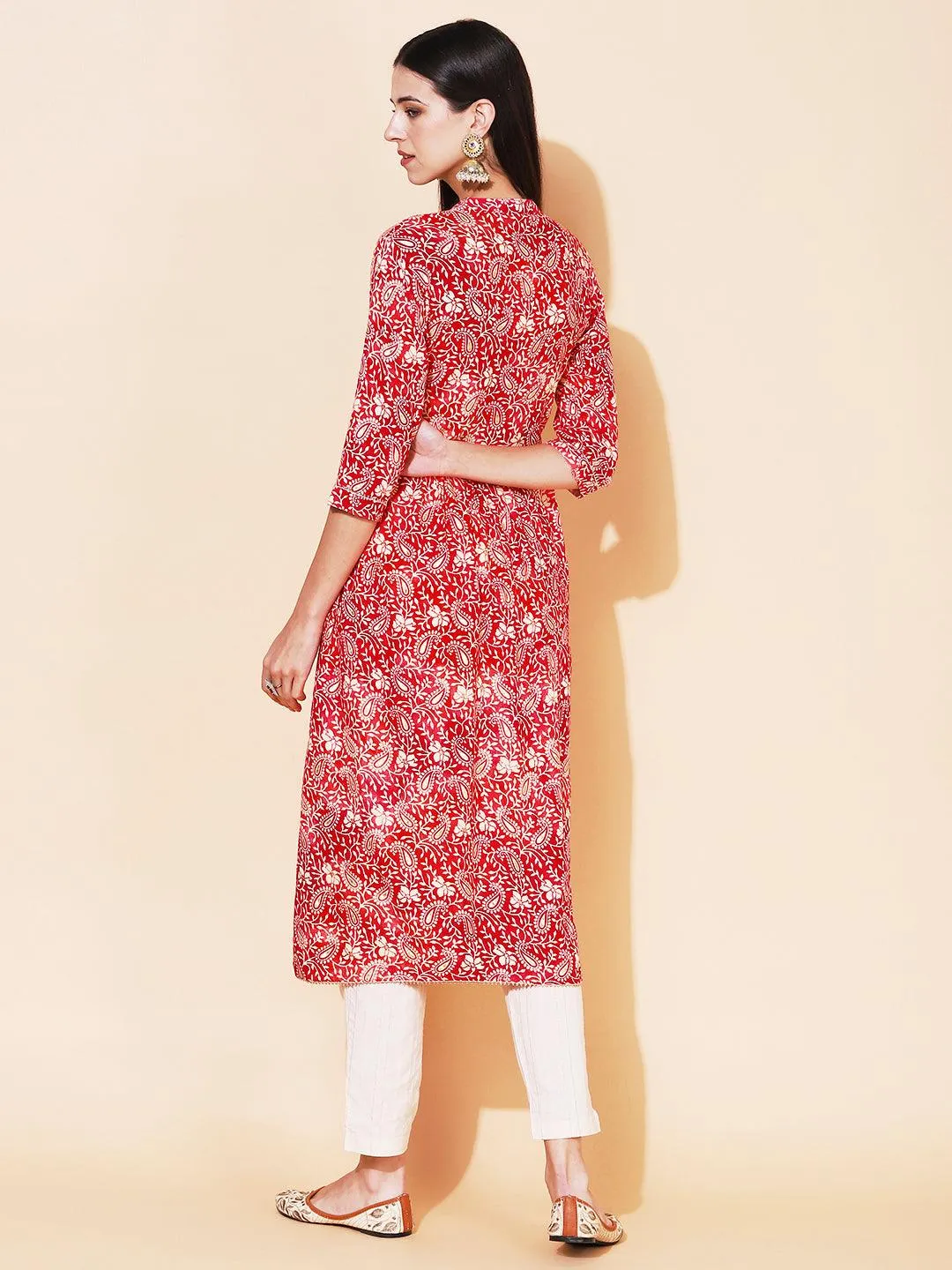 Ethnic Printed & Embroidered A-Line Kurta with Pant - Rani Pink