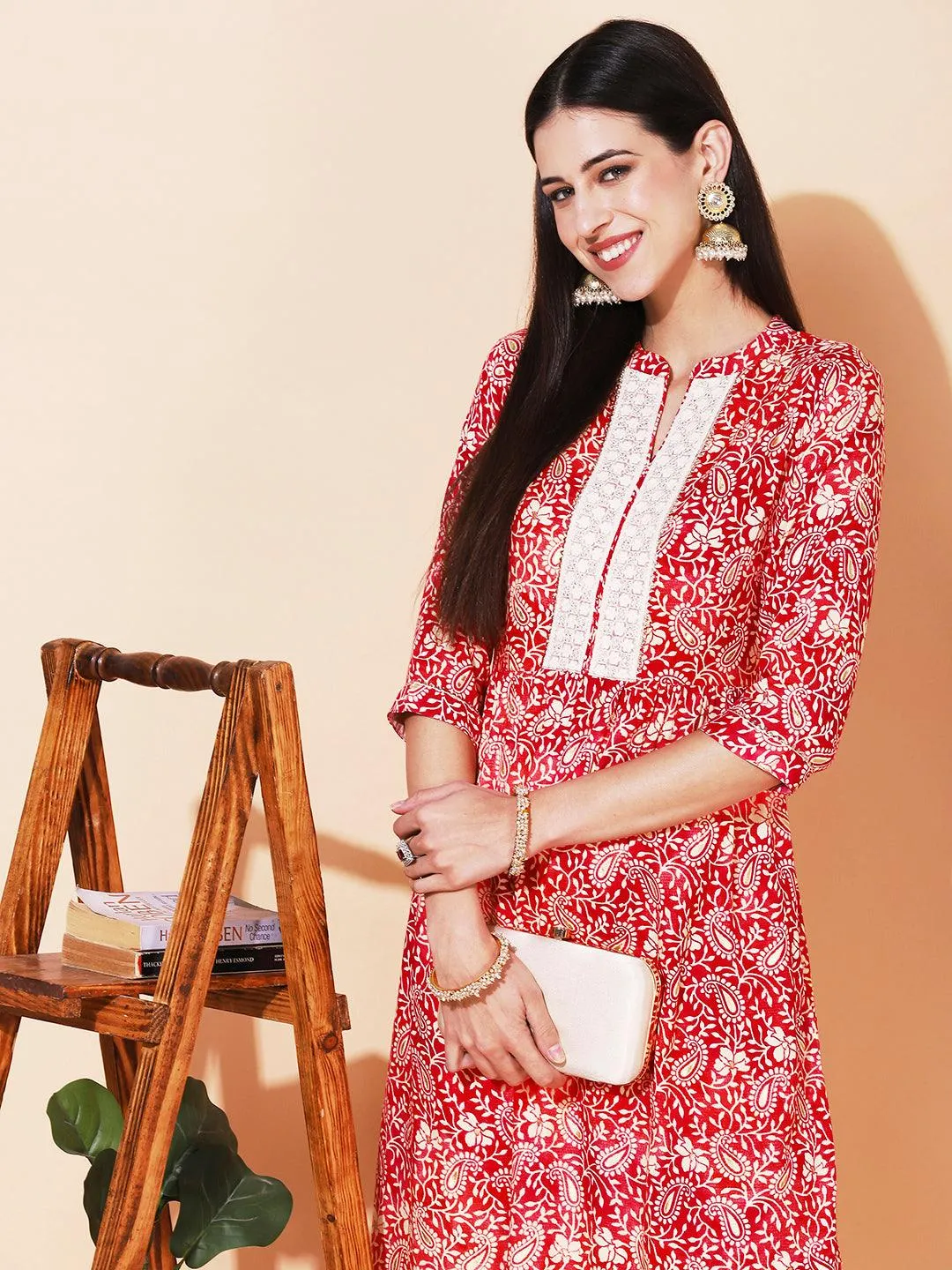 Ethnic Printed & Embroidered A-Line Kurta with Pant - Rani Pink