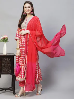 Ethnic Printed & Embroidered A-Line Kurta with Pants & Dupatta - Multi