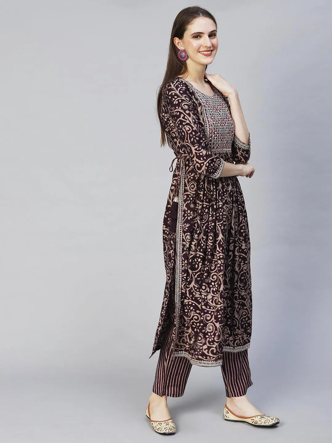 Ethnic Printed & Embroidered A-Line Kurta with Pants - Deep Wine