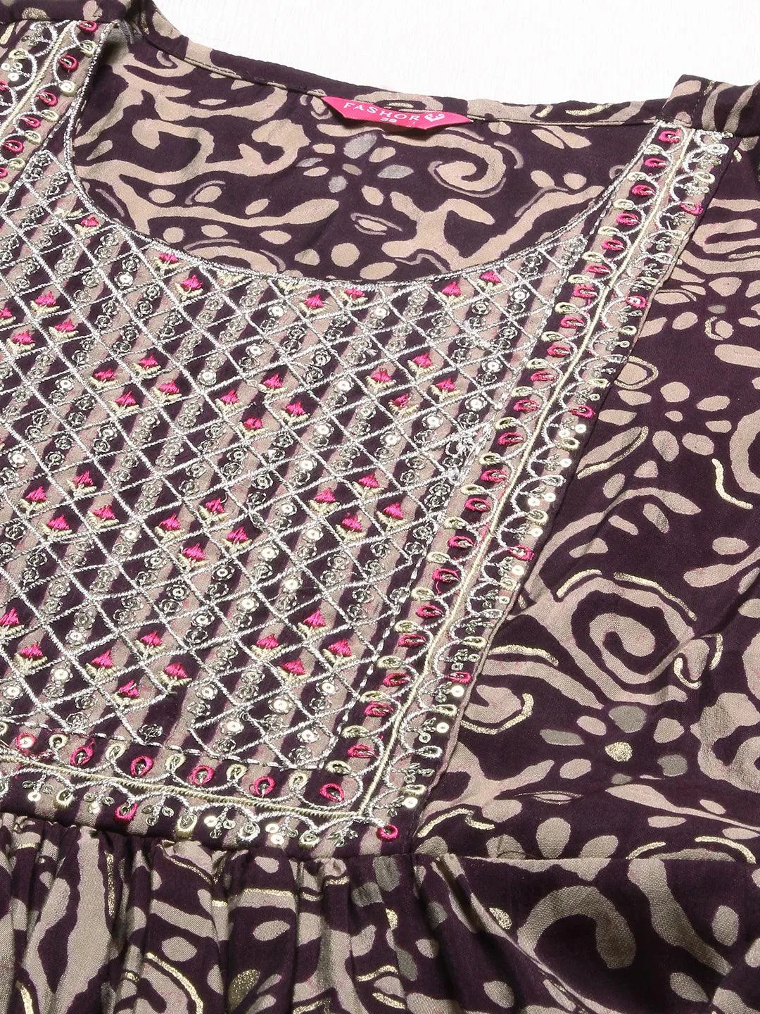 Ethnic Printed & Embroidered A-Line Kurta with Pants - Deep Wine