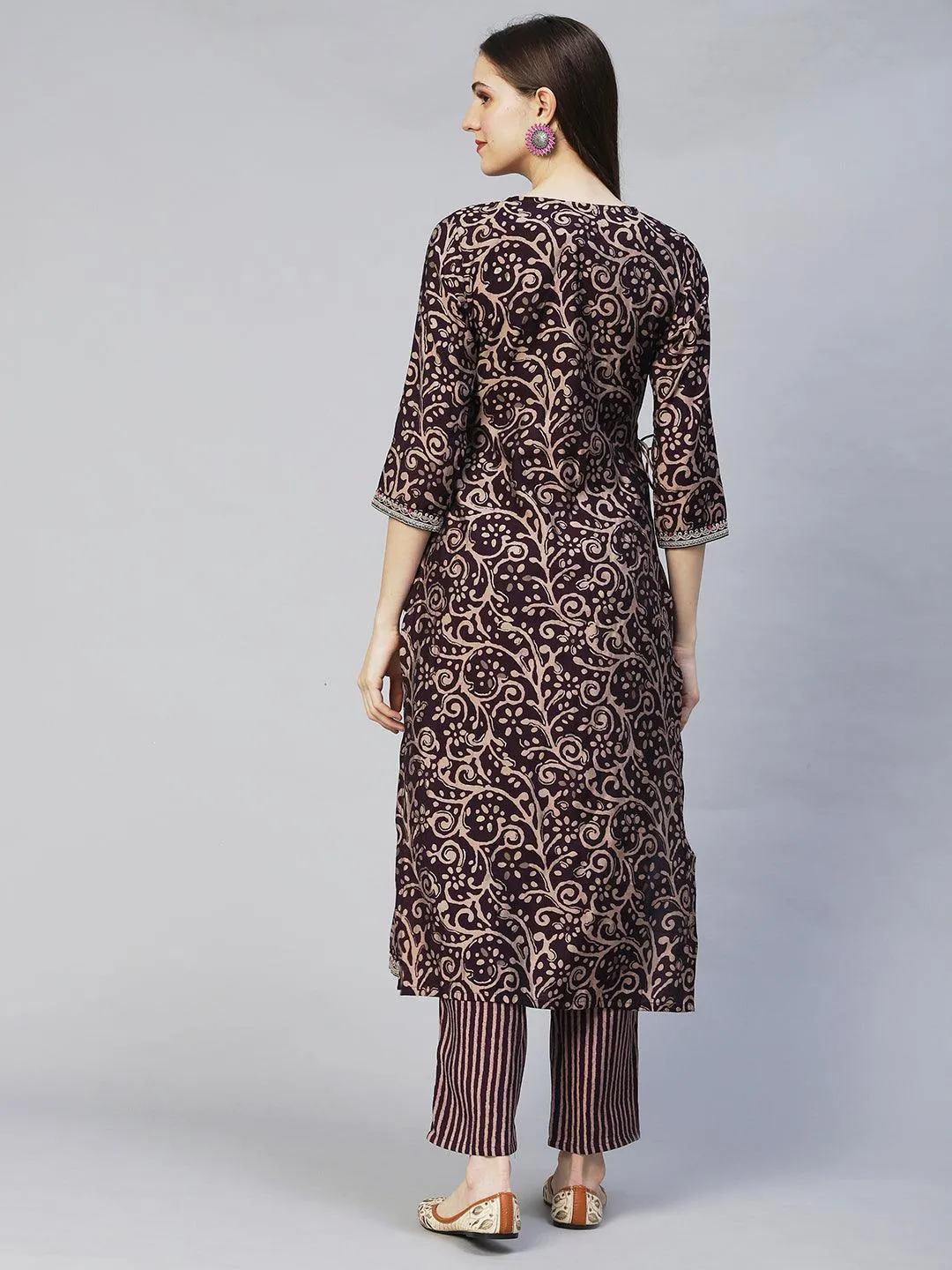 Ethnic Printed & Embroidered A-Line Kurta with Pants - Deep Wine