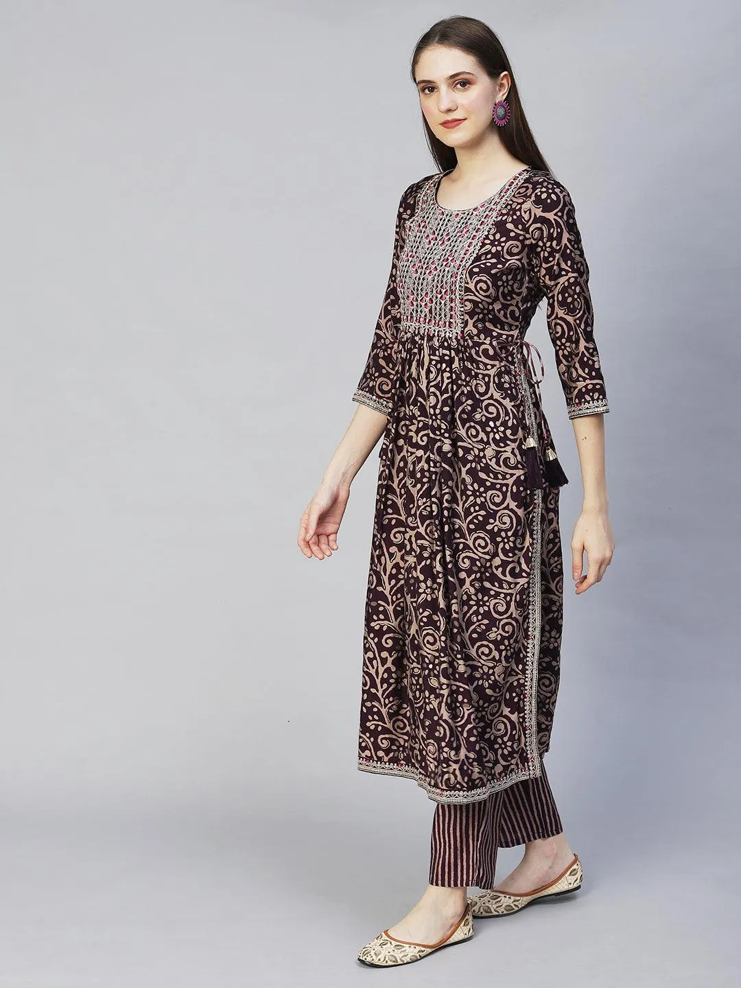Ethnic Printed & Embroidered A-Line Kurta with Pants - Deep Wine