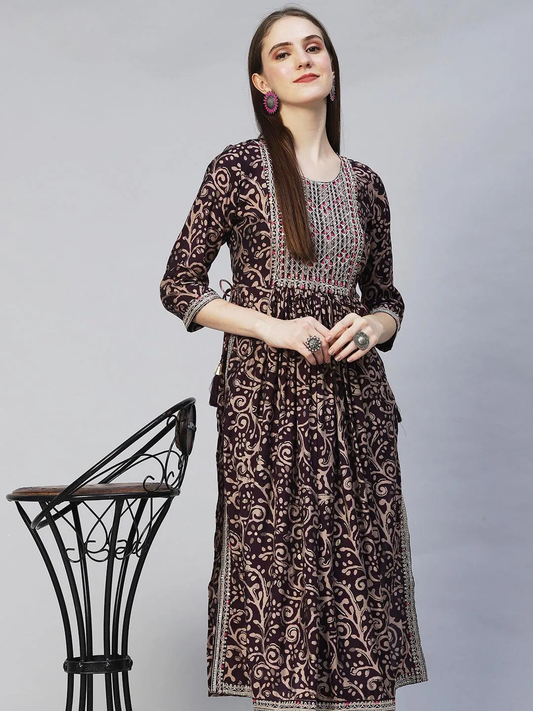 Ethnic Printed & Embroidered A-Line Kurta with Pants - Deep Wine