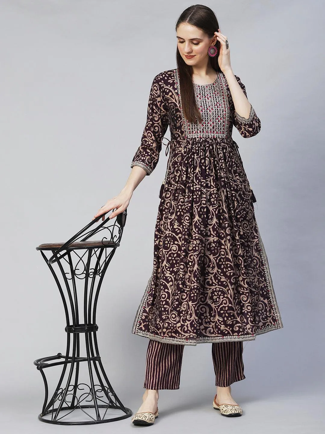 Ethnic Printed & Embroidered A-Line Kurta with Pants - Deep Wine
