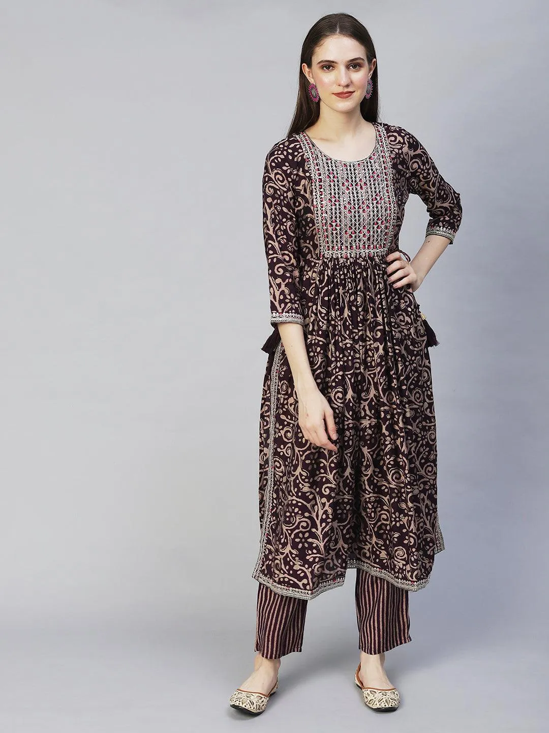 Ethnic Printed & Embroidered A-Line Kurta with Pants - Deep Wine