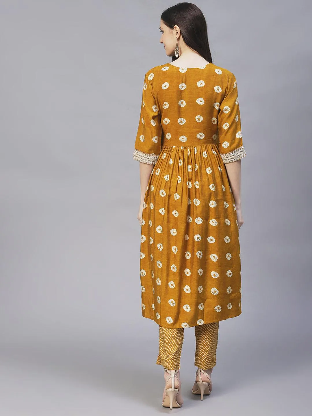 Ethnic Printed & Embroidered A-Line Kurta with Pants - Mustard