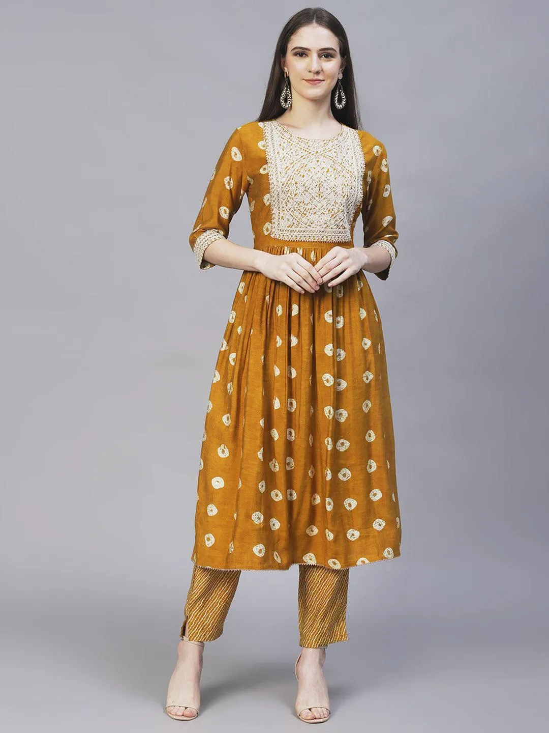 Ethnic Printed & Embroidered A-Line Kurta with Pants - Mustard