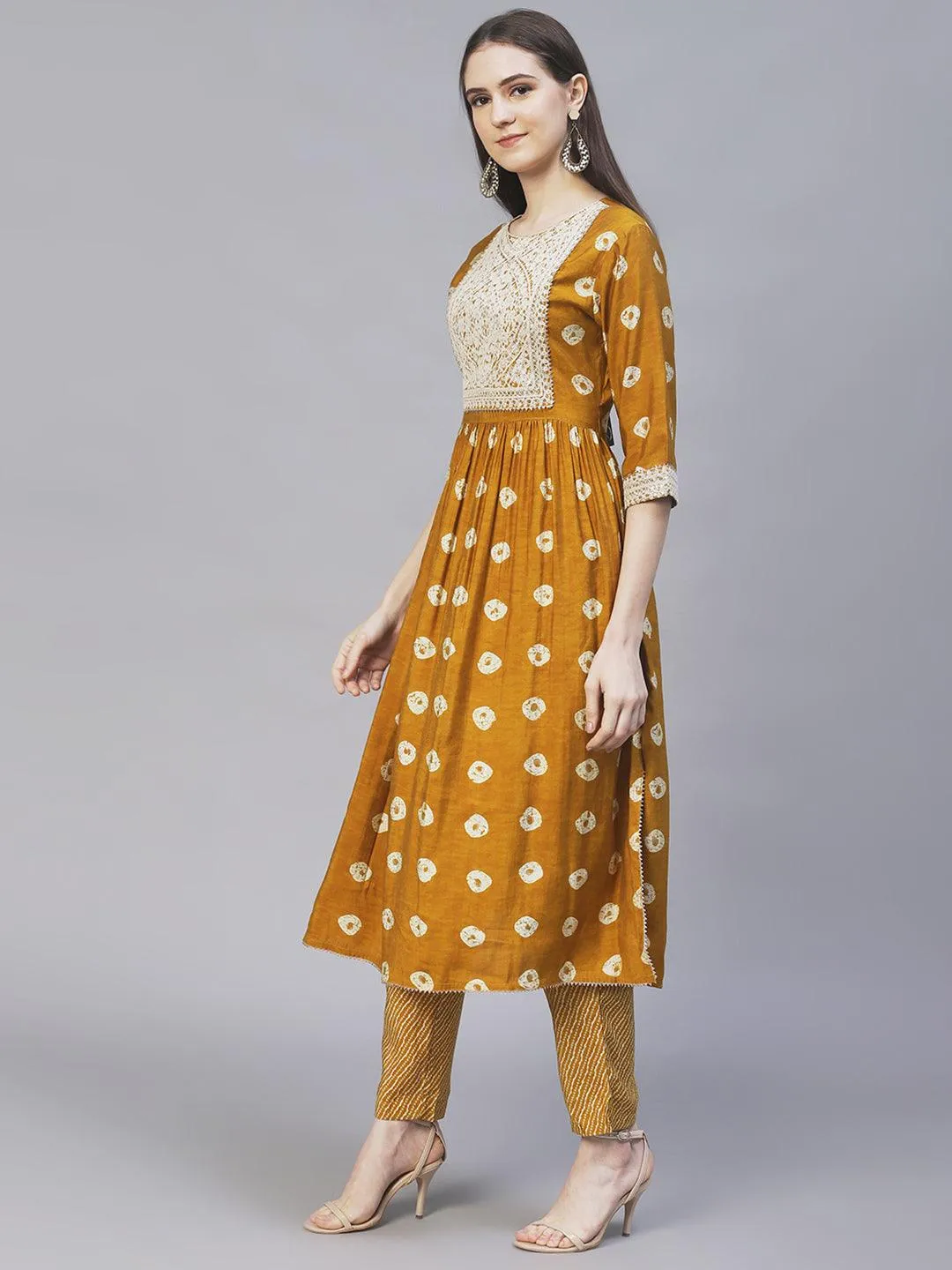 Ethnic Printed & Embroidered A-Line Kurta with Pants - Mustard