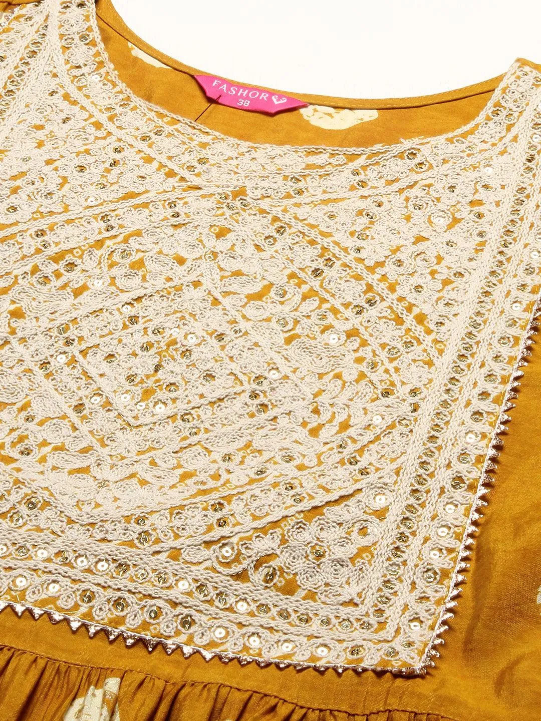 Ethnic Printed & Embroidered A-Line Kurta with Pants - Mustard