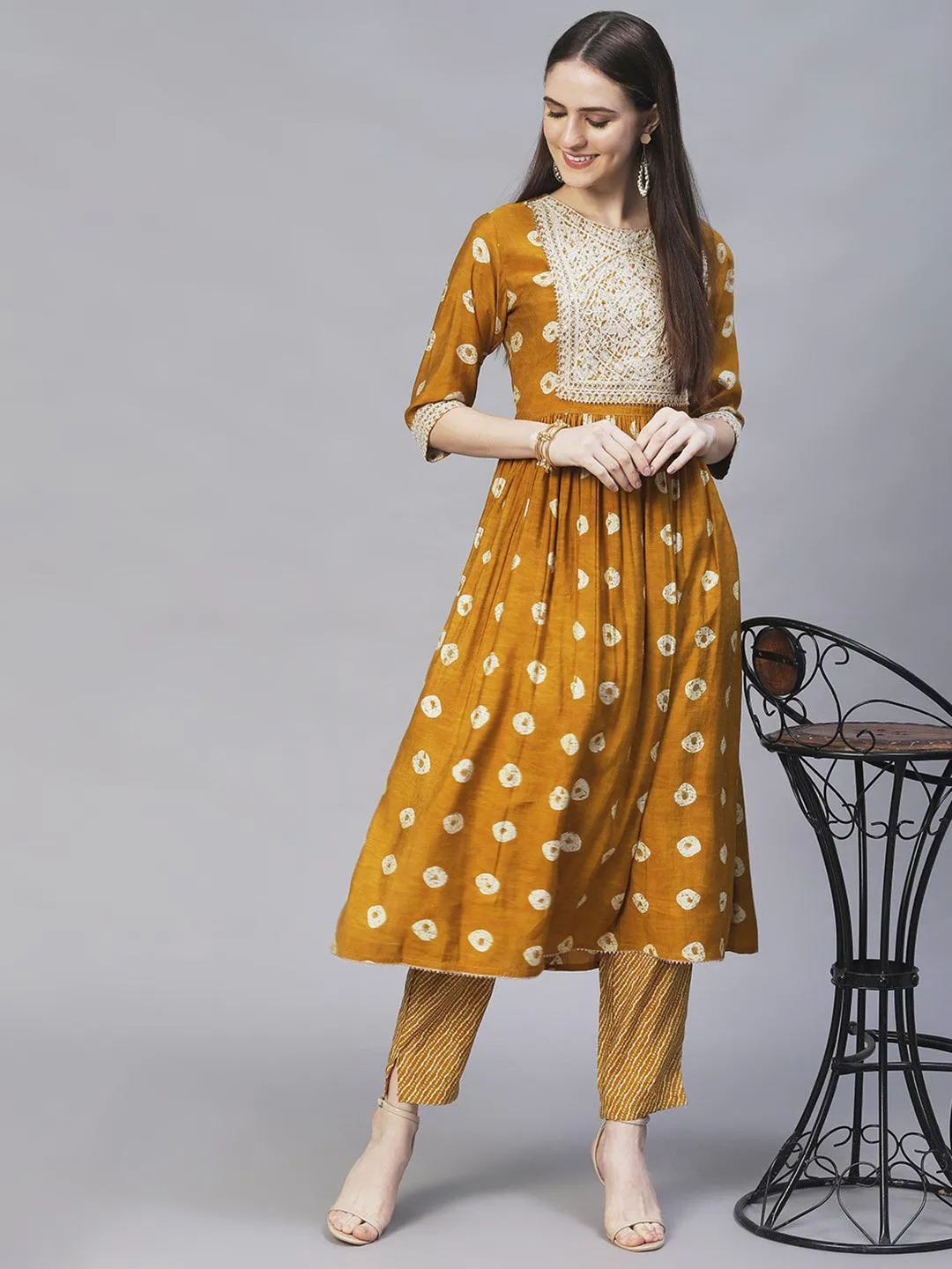Ethnic Printed & Embroidered A-Line Kurta with Pants - Mustard