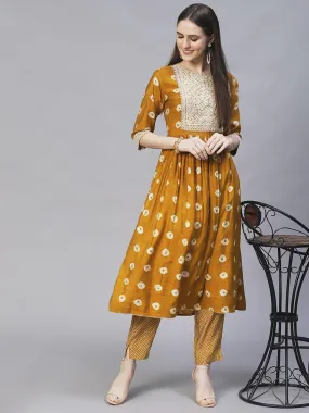 Ethnic Printed & Embroidered A-Line Kurta with Pants - Mustard