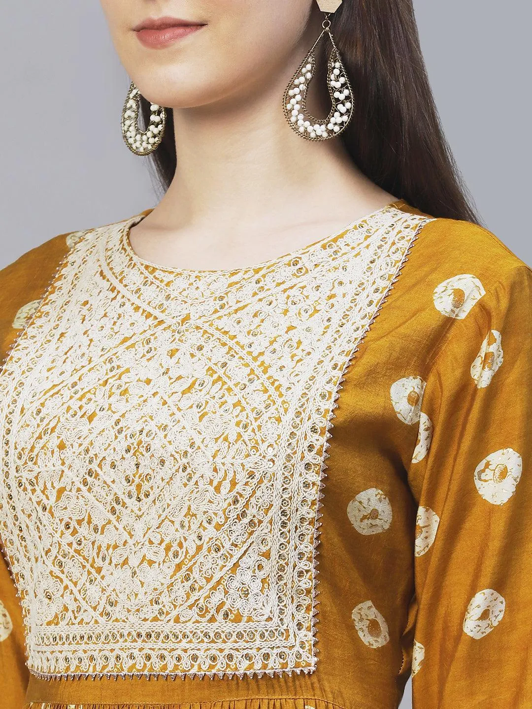 Ethnic Printed & Embroidered A-Line Kurta with Pants - Mustard