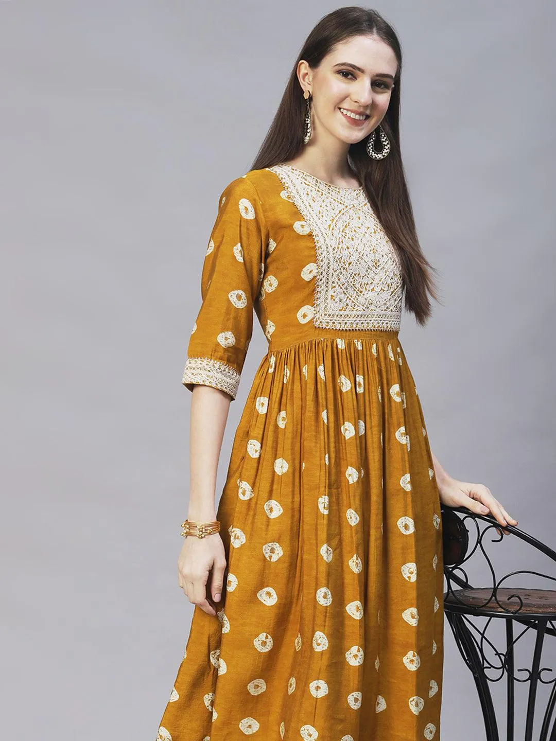 Ethnic Printed & Embroidered A-Line Kurta with Pants - Mustard