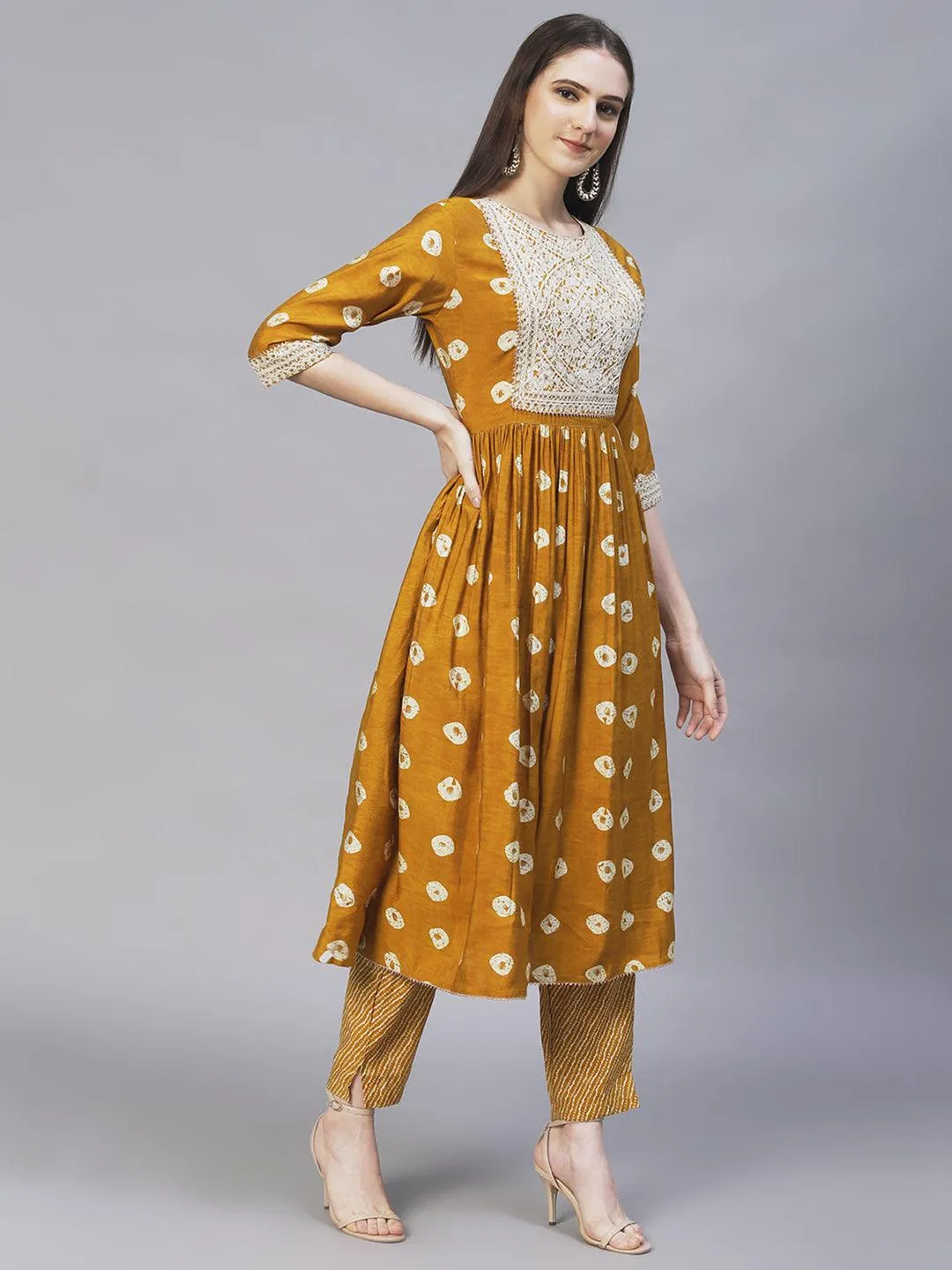 Ethnic Printed & Embroidered A-Line Kurta with Pants - Mustard