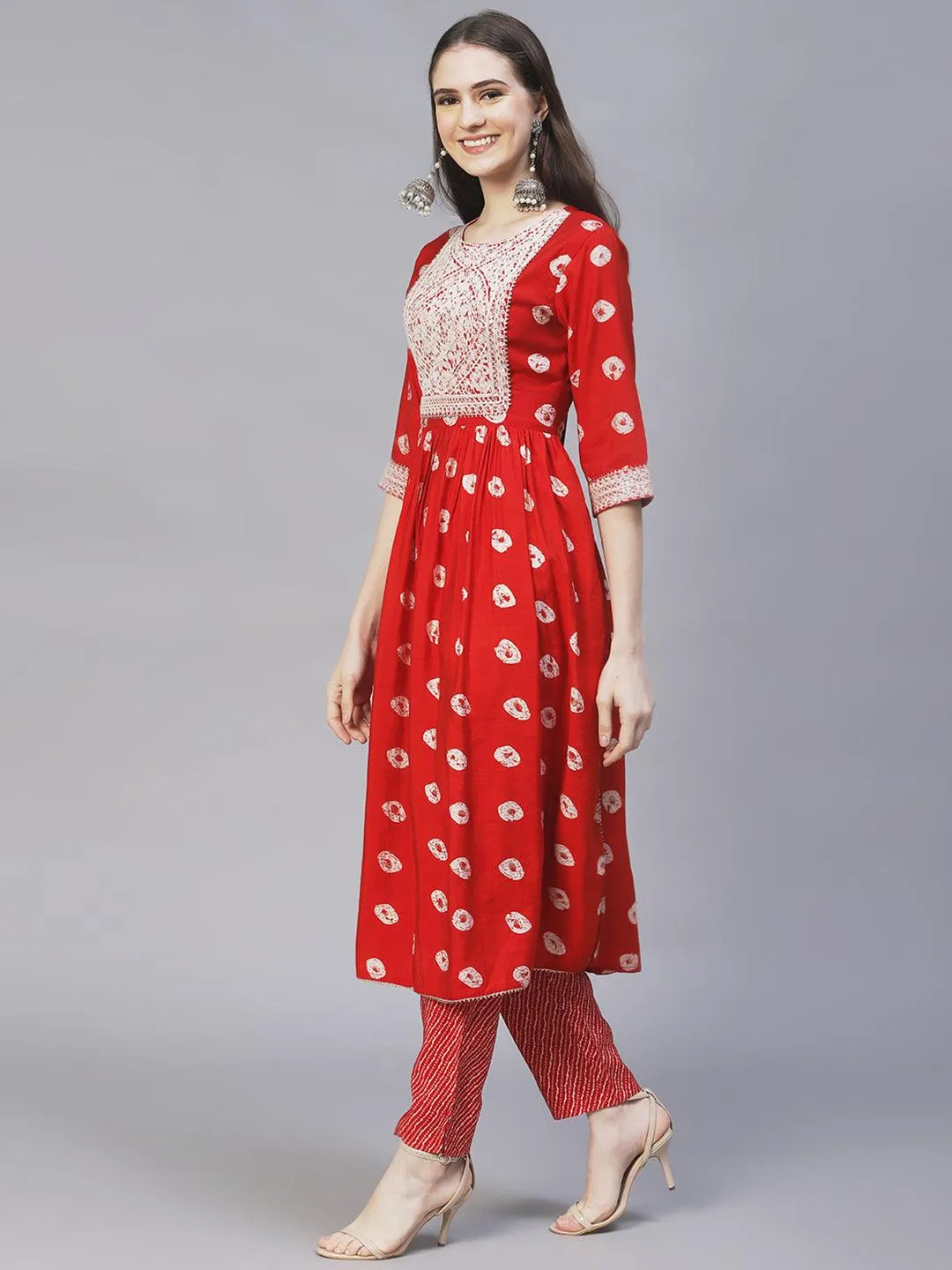 Ethnic Printed & Embroidered A-Line Kurta with Pants - Red