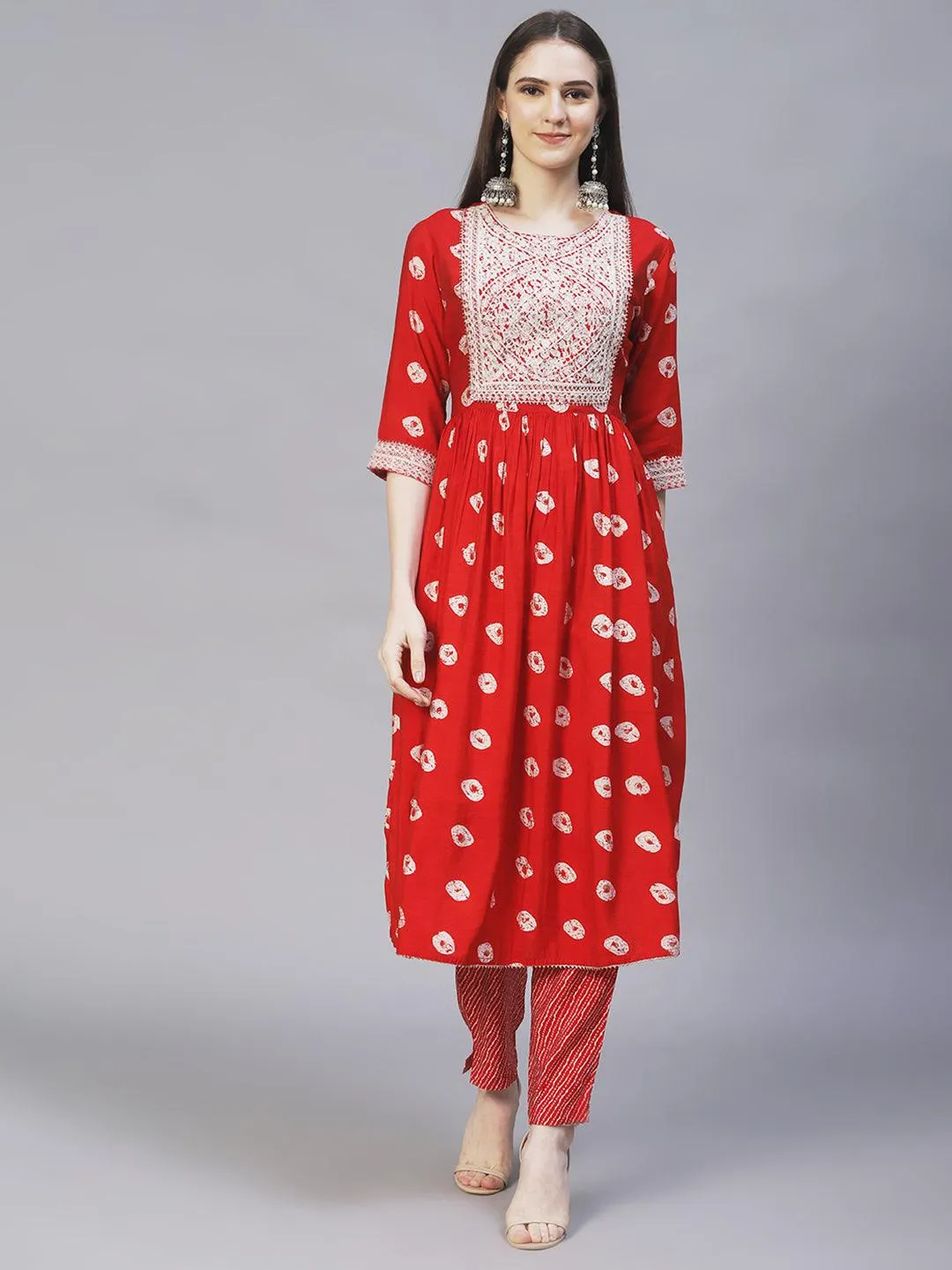 Ethnic Printed & Embroidered A-Line Kurta with Pants - Red