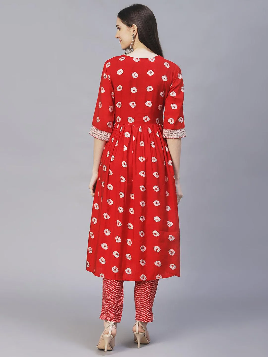 Ethnic Printed & Embroidered A-Line Kurta with Pants - Red