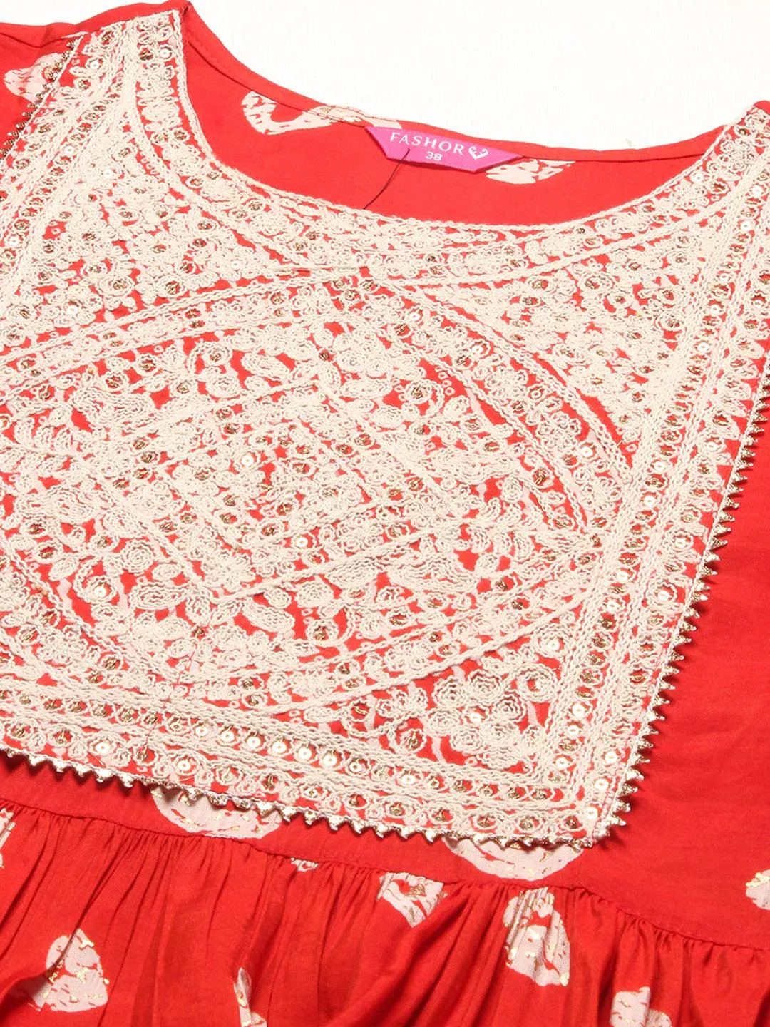 Ethnic Printed & Embroidered A-Line Kurta with Pants - Red