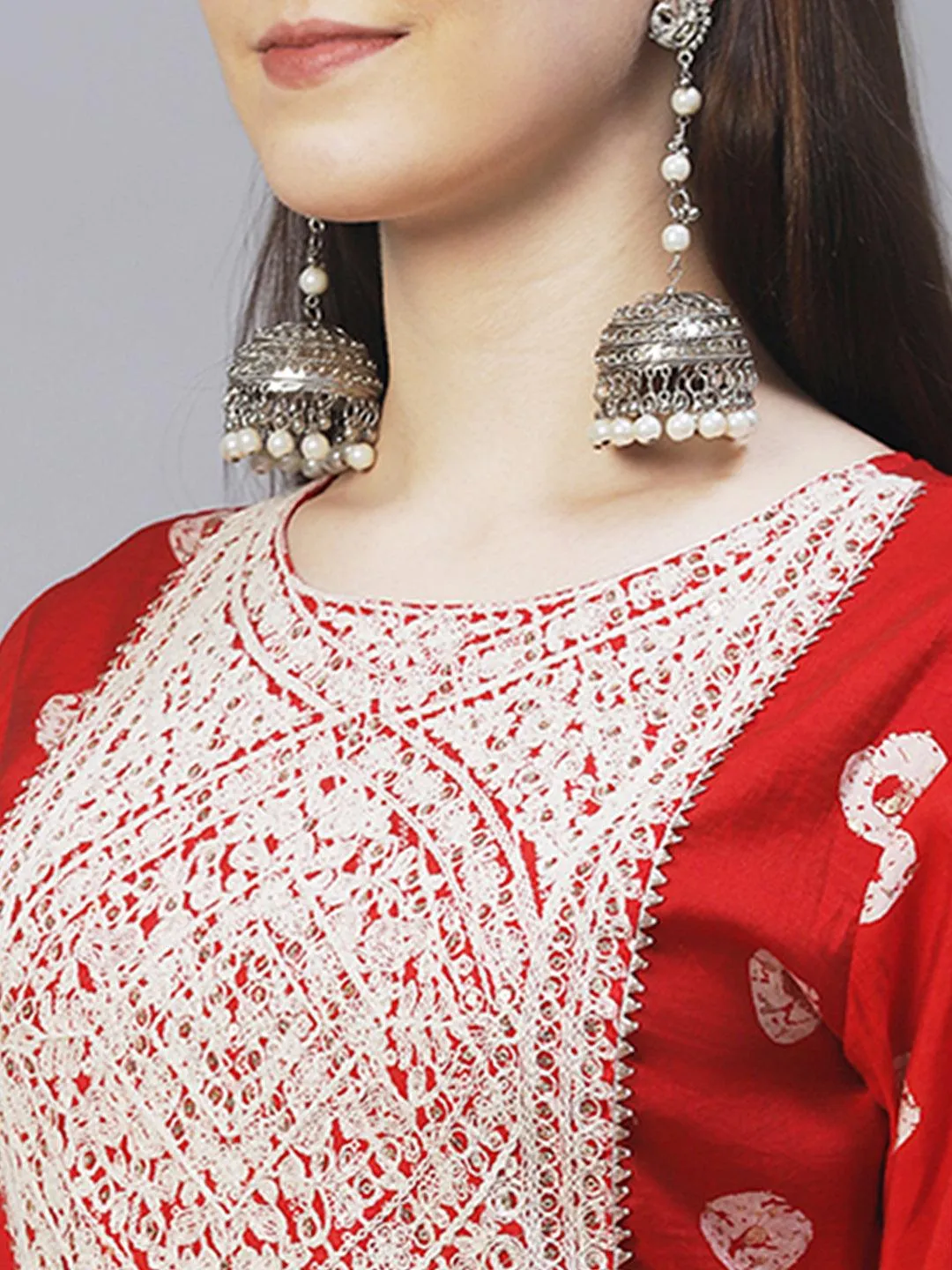 Ethnic Printed & Embroidered A-Line Kurta with Pants - Red