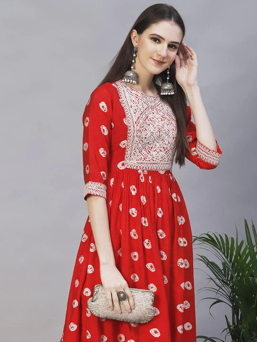 Ethnic Printed & Embroidered A-Line Kurta with Pants - Red