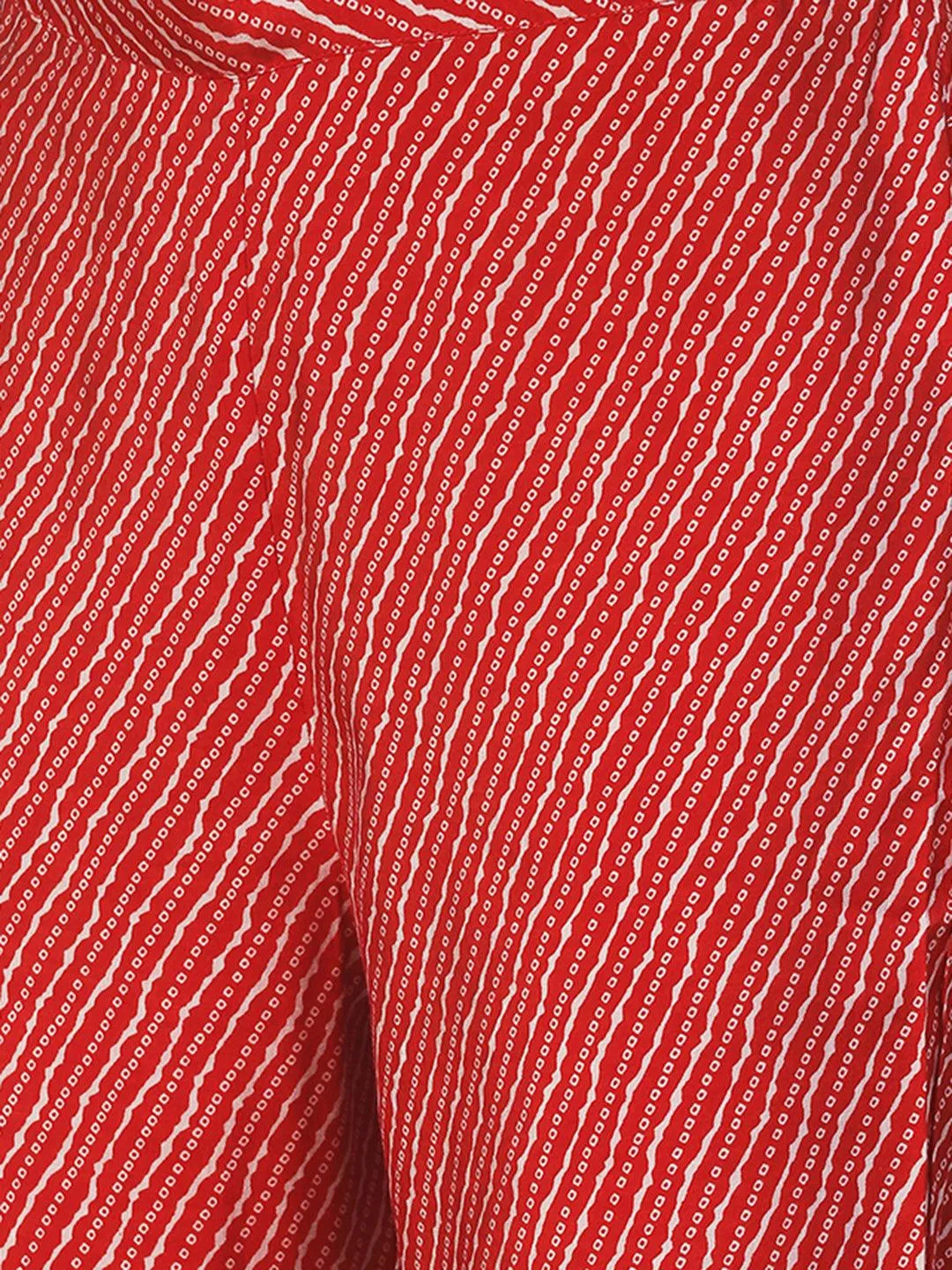 Ethnic Printed & Embroidered A-Line Kurta with Pants - Red