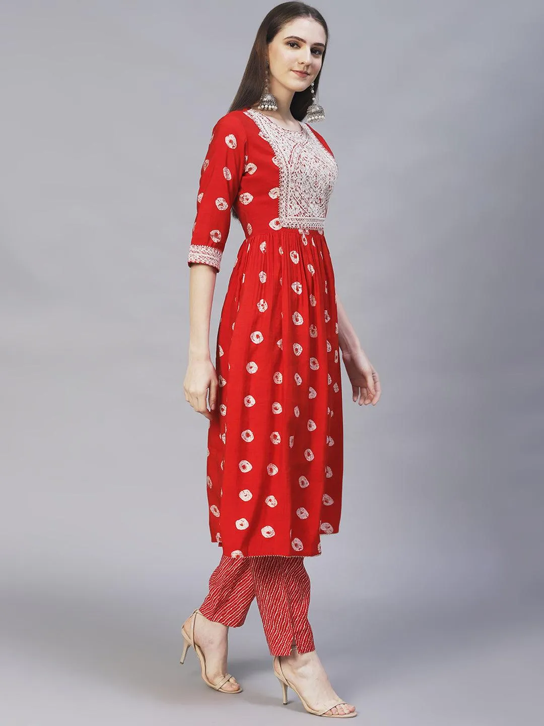 Ethnic Printed & Embroidered A-Line Kurta with Pants - Red