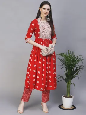 Ethnic Printed & Embroidered A-Line Kurta with Pants - Red