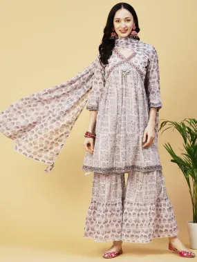 Ethnic Printed & Embroidered A-Line Kurta with Sharara & Dupatta - Lavender